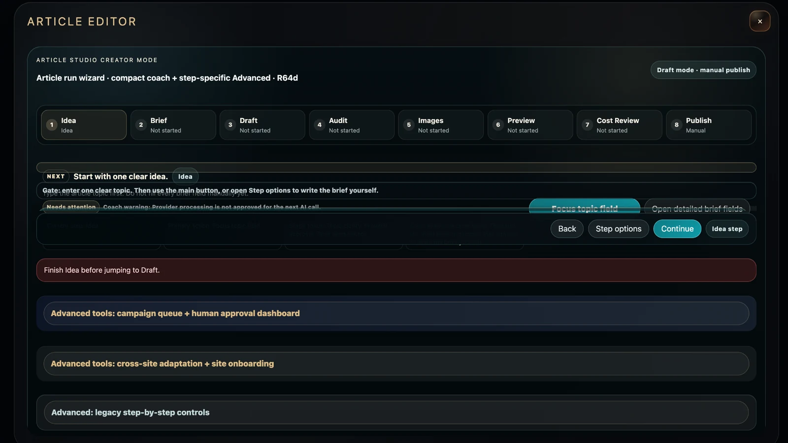 Article Studio creator wizard showing the eight-stage guided content workflow