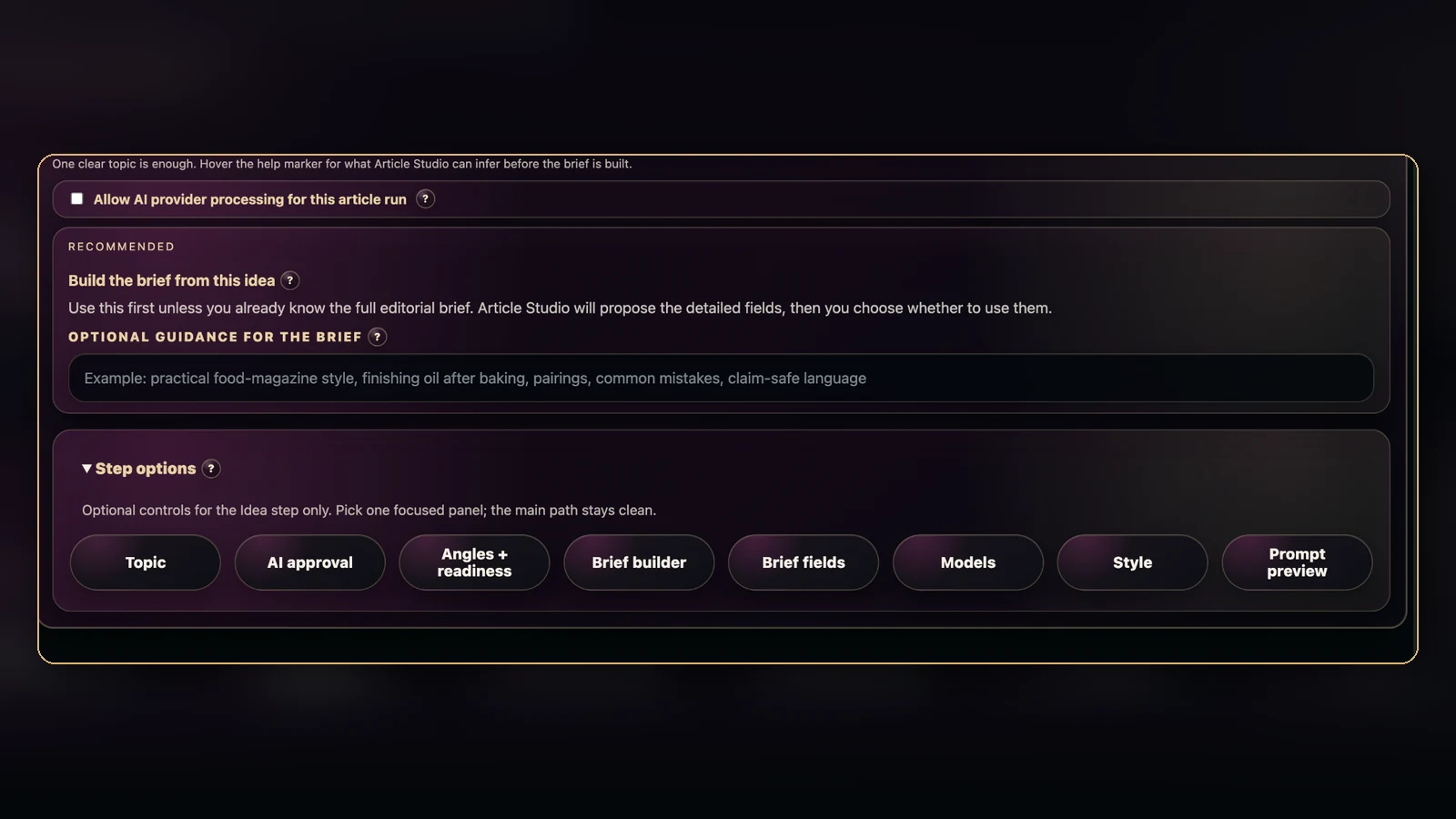 Article Studio brief builder with AI approval, angles, readiness, model, style, and prompt controls