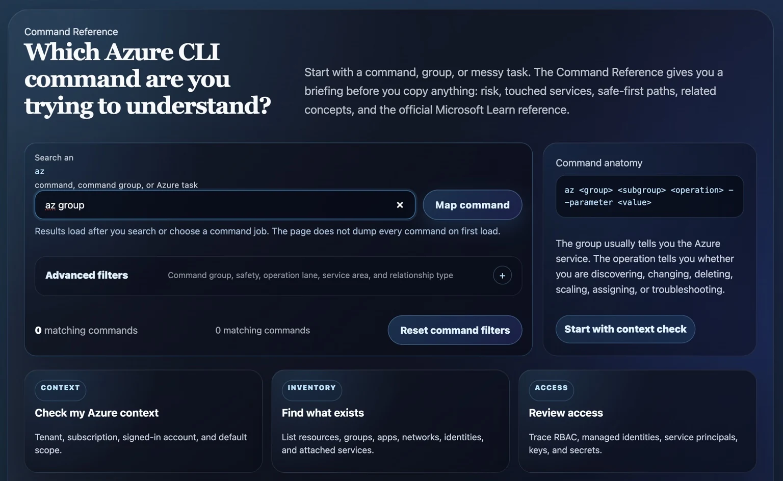 Azure command reference screenshot