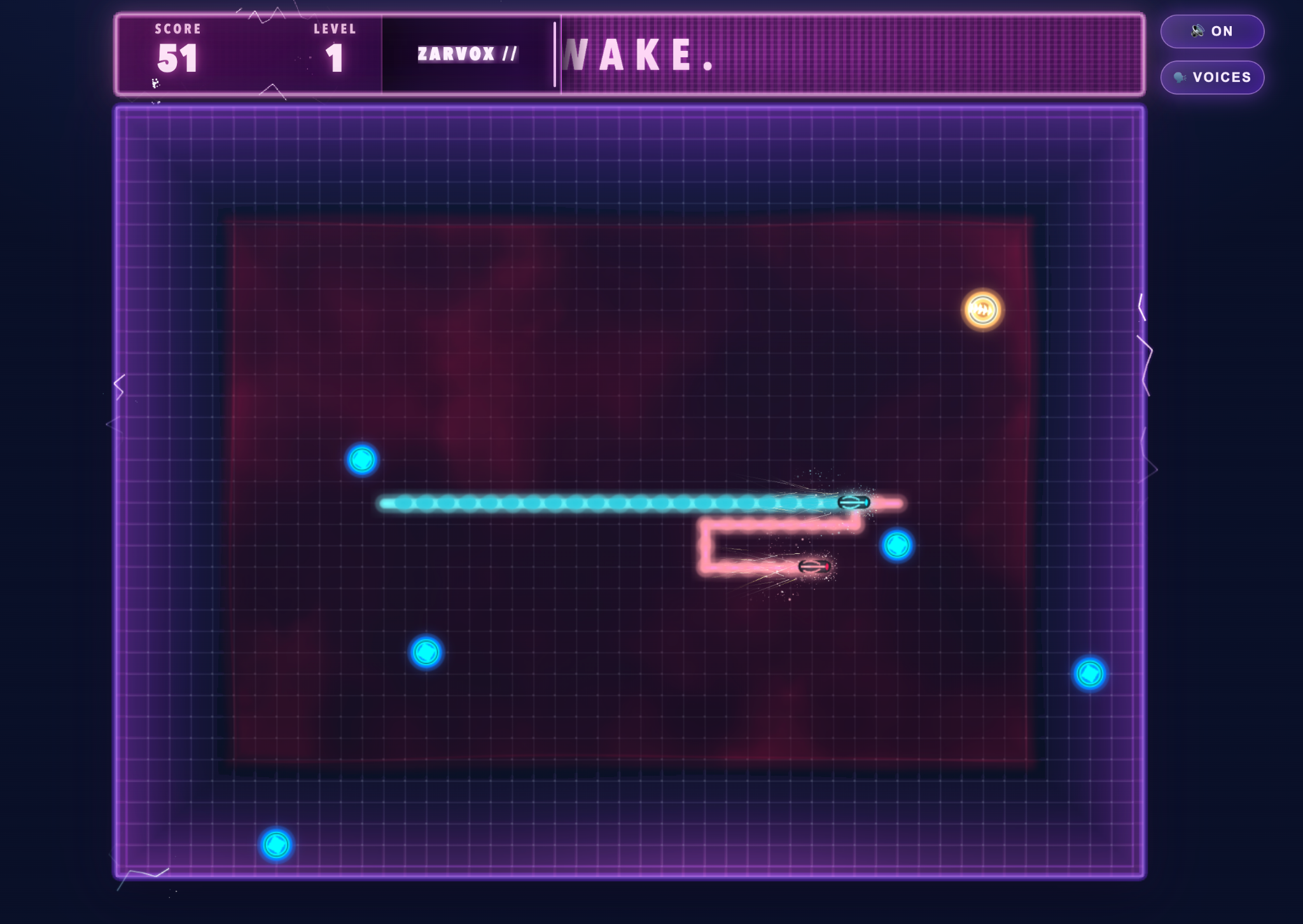 Neon Drift gameplay showing VANTA-9 hunting the player while Zarvox communicates through the arena interface