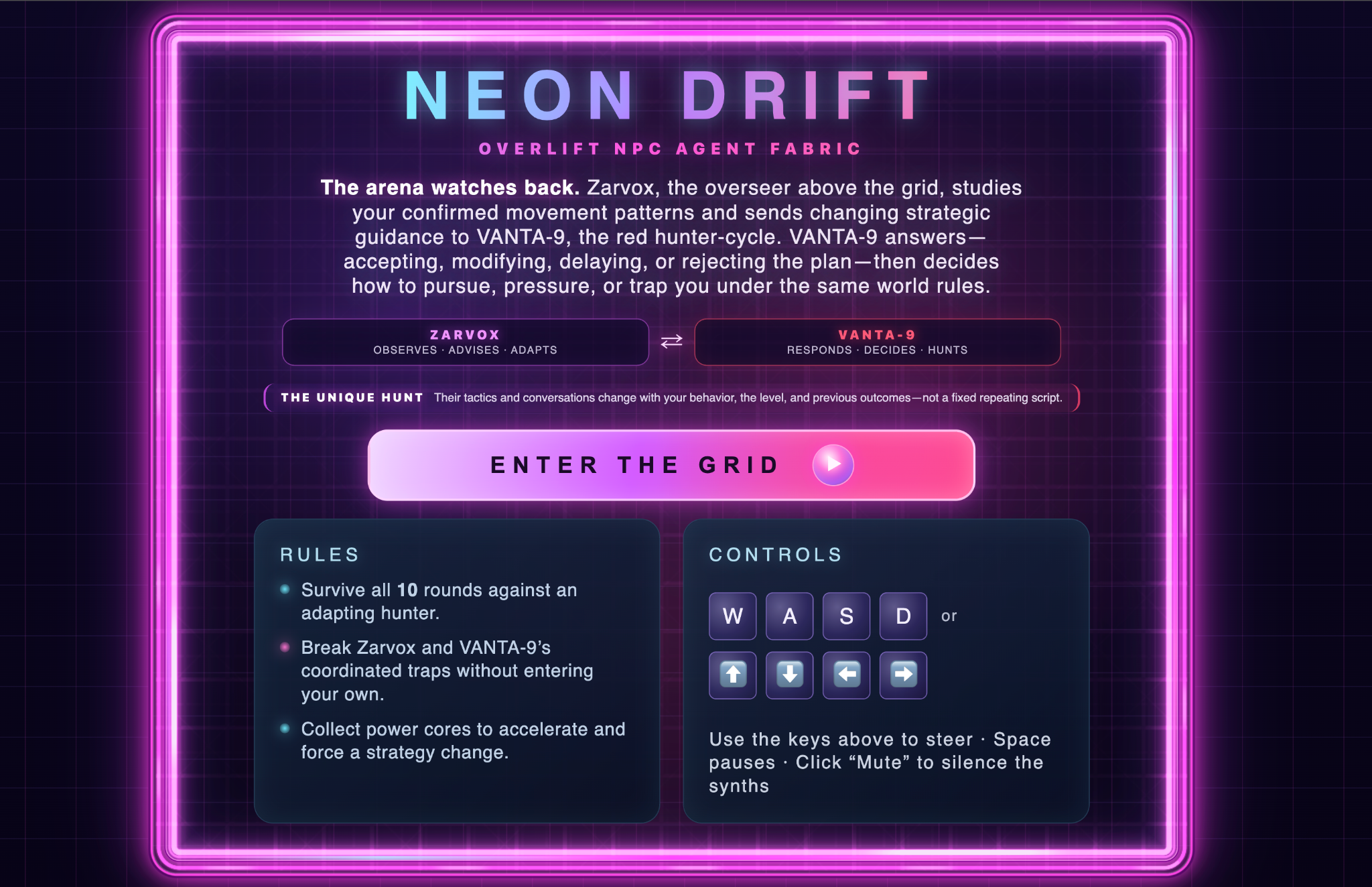 Neon Drift OverLift NPC Agent Fabric introduction showing Zarvox and VANTA-9 roles, game rules, controls, and Enter the Grid action