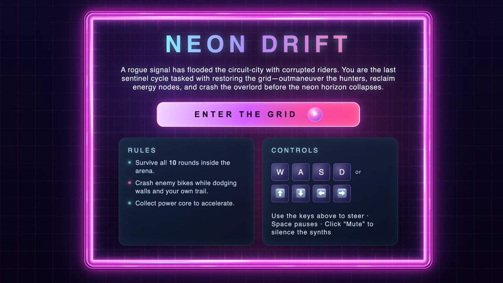 Neon Drift product view with the game title, OverLift NPC Agent Fabric explanation, rules, and controls
