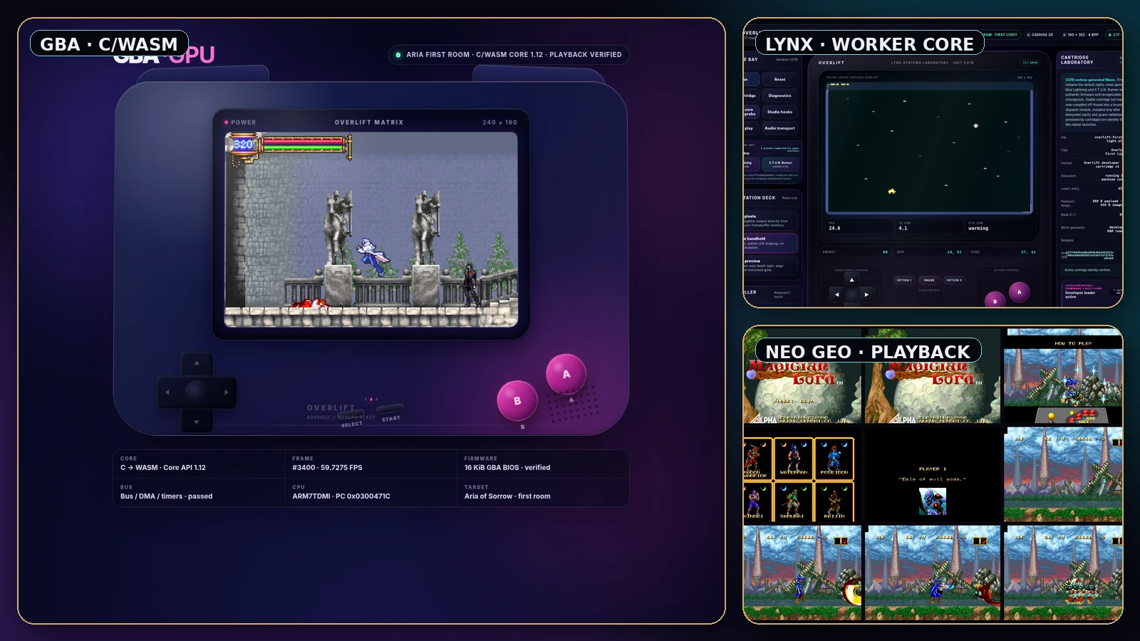 OverLift Emulator Suite montage showing Game Boy Advance, Lynx, and Neo Geo browser runtimes
