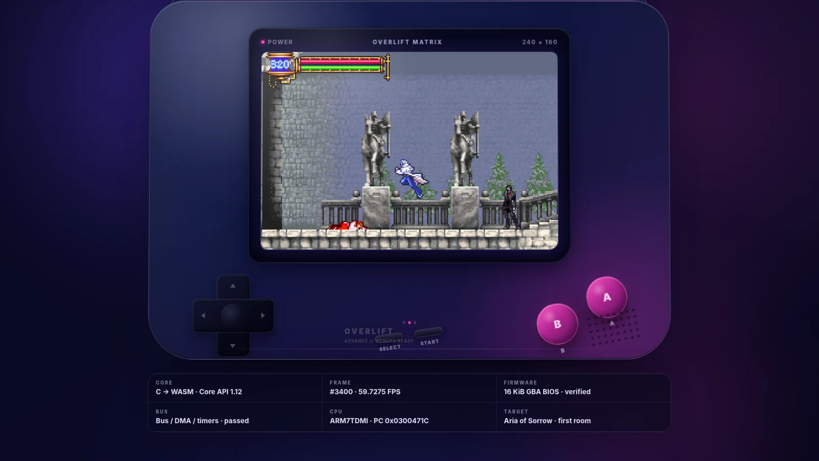 OverLift Game Boy Advance browser runtime showing Aria of Sorrow playback, C to WebAssembly core identity, frame evidence, and verified firmware