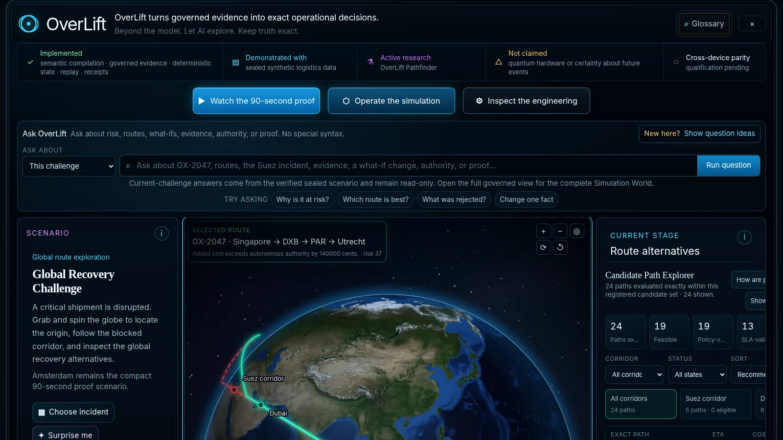 OverLift Logistics global route explorer comparing evidence-backed recovery paths