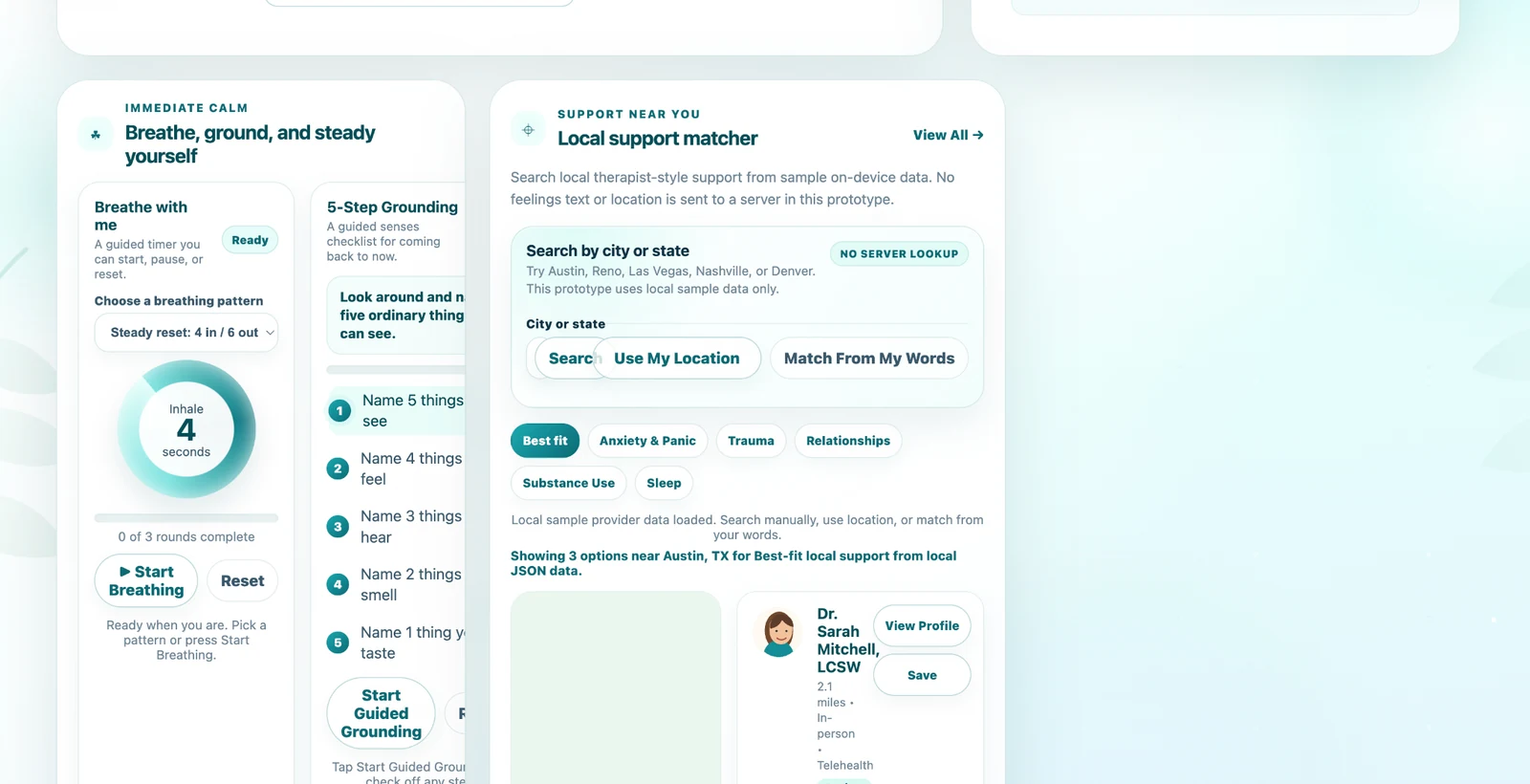 TherapyLink.AI product prototype overview with breathing tools, grounding, and a local support matcher
