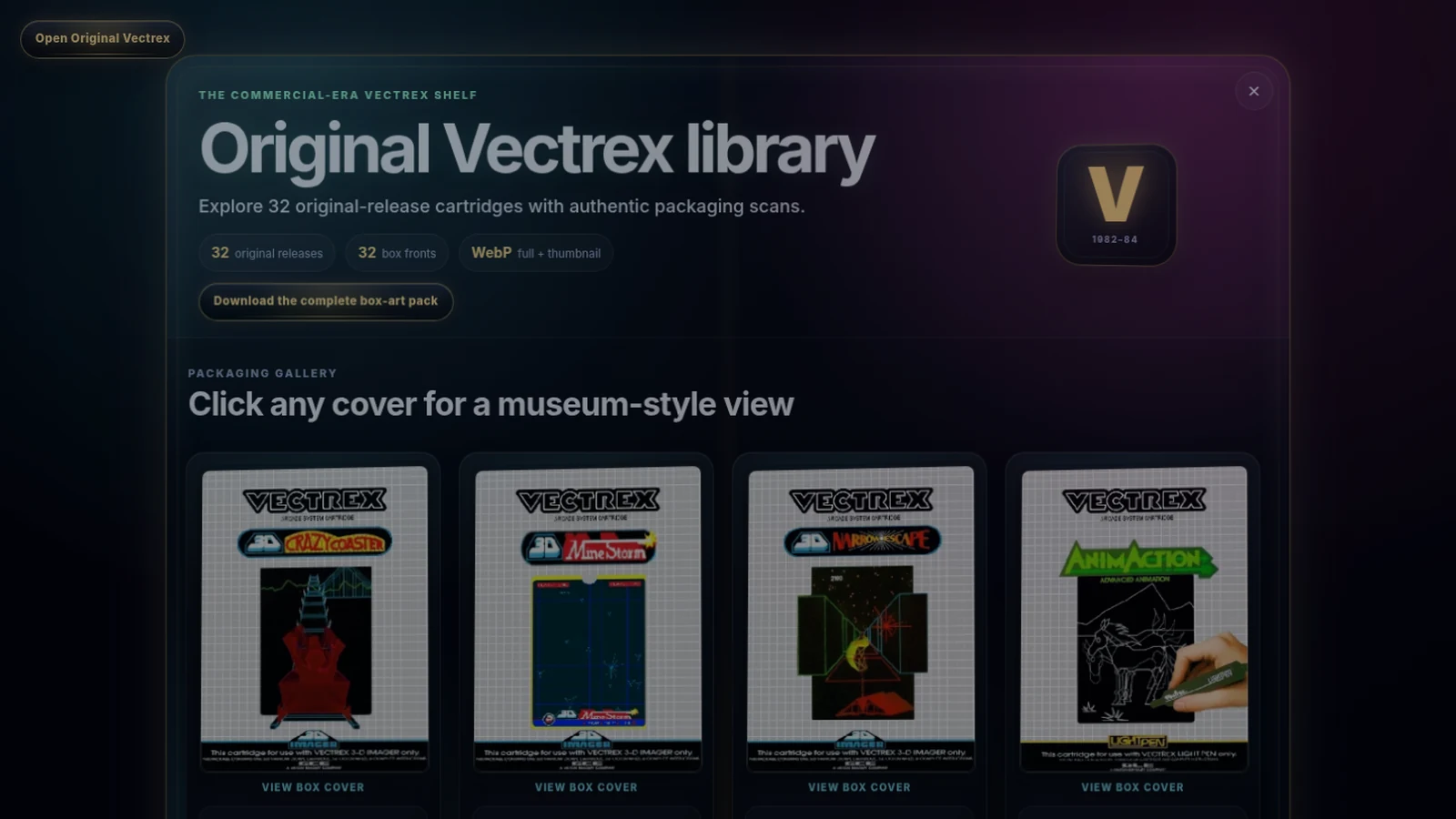 Vectrexia Original Vectrex Library showing a curated gallery of commercial-era cartridge packaging