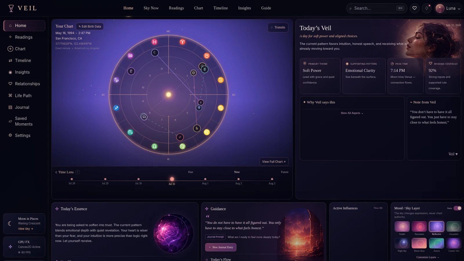 Veil product dashboard with celestial visualization, Ask Veil controls, and personal chart experience